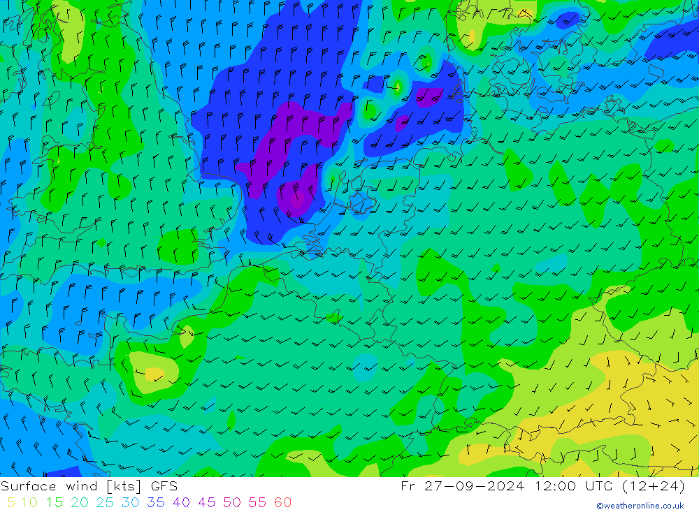 wiatr 10 m GFS pt. 27.09.2024 12 UTC