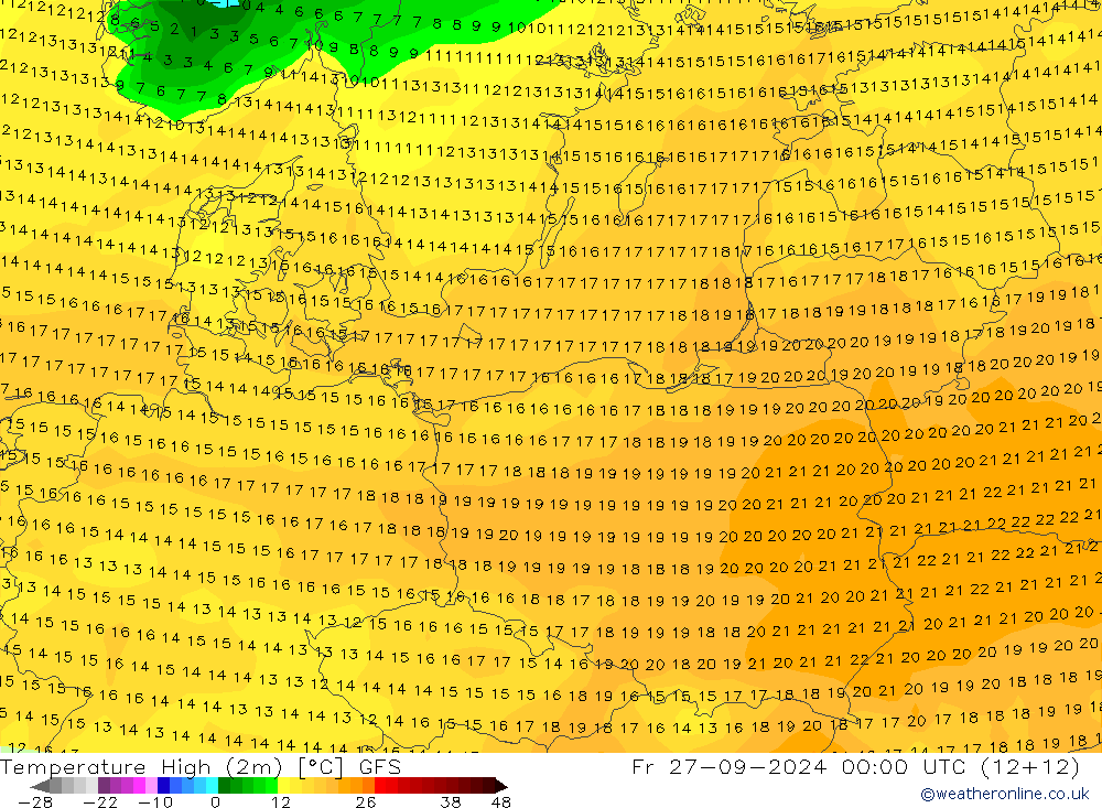 Temperatura máx. (2m) GFS vie 27.09.2024 00 UTC