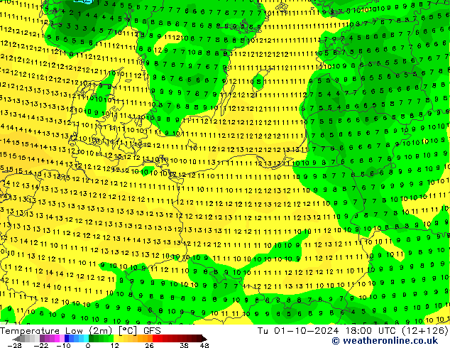 Min.temperatuur (2m) GFS di 01.10.2024 18 UTC