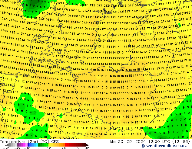 Temperature (2m) GFS Mo 30.09.2024 12 UTC