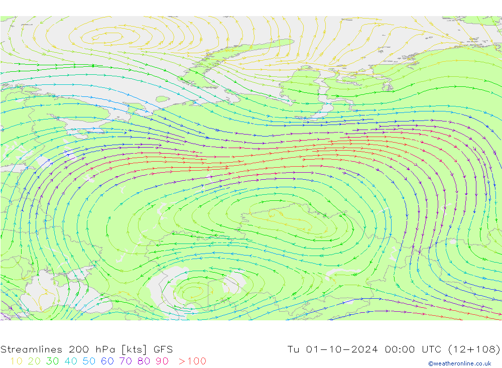 Linia prądu 200 hPa GFS wto. 01.10.2024 00 UTC