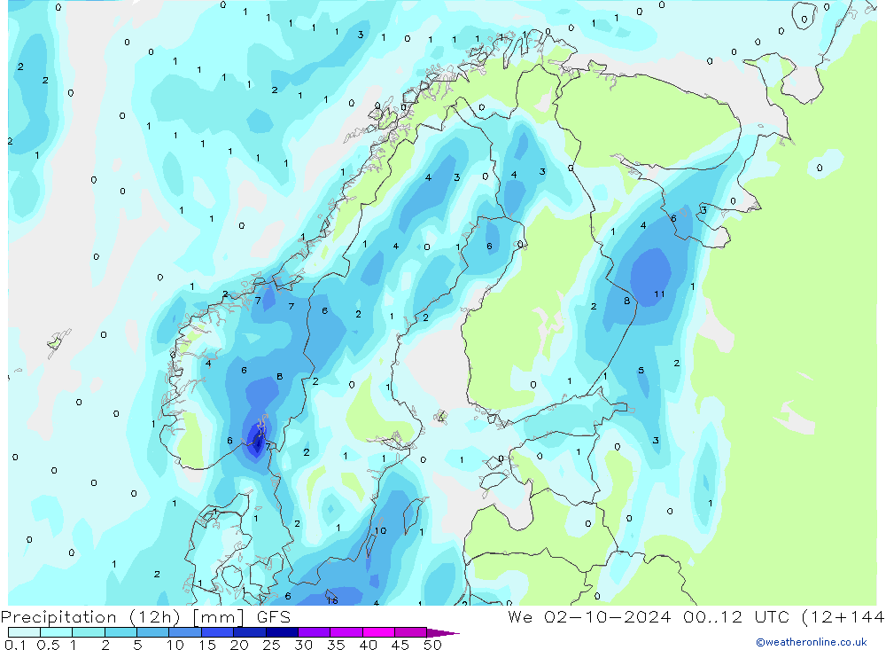 Totale neerslag (12h) GFS wo 02.10.2024 12 UTC