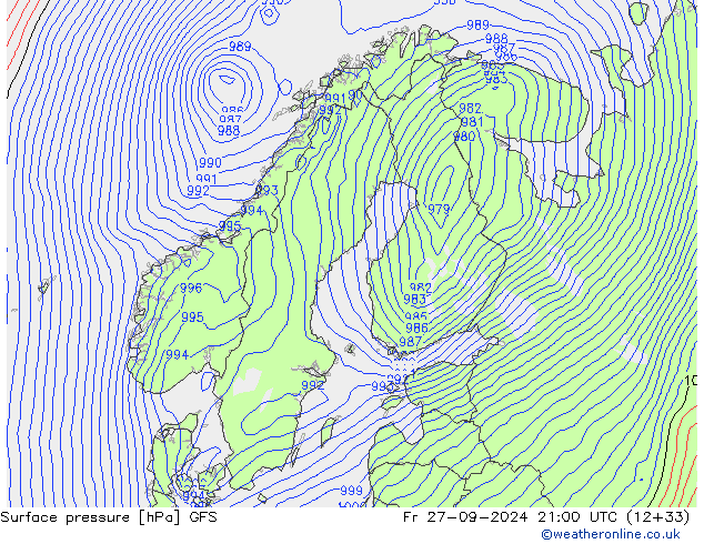 Surface pressure GFS Fr 27.09.2024 21 UTC