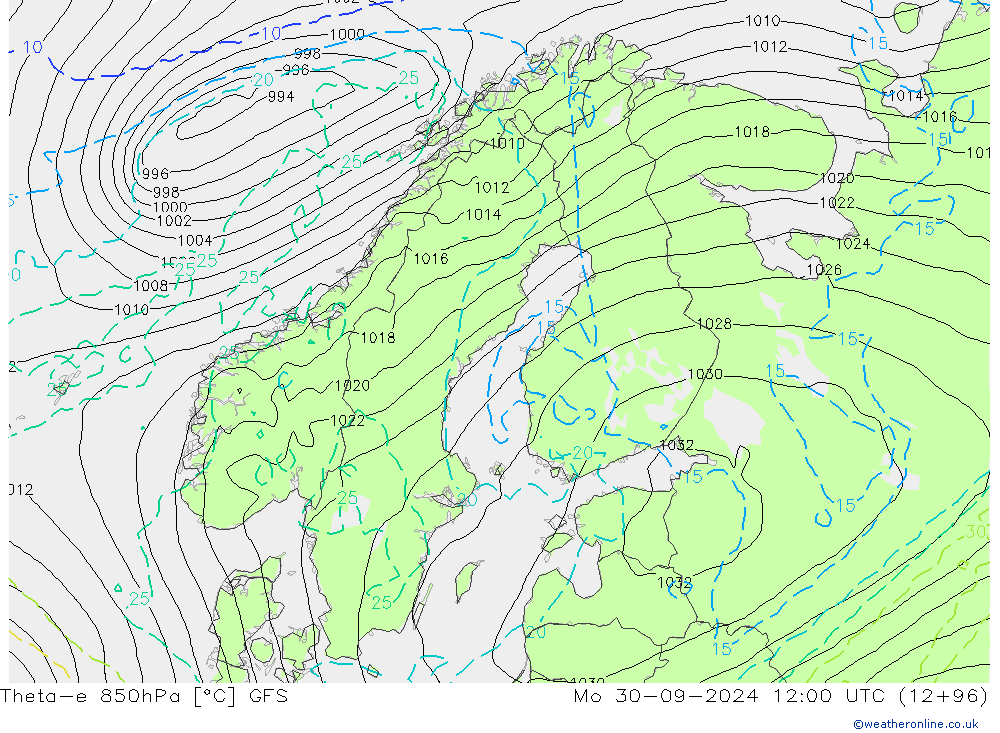 Theta-e 850hPa GFS Mo 30.09.2024 12 UTC