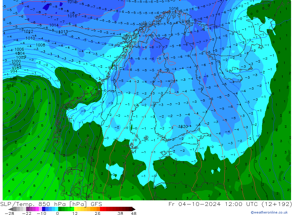 SLP/Temp. 850 hPa GFS ven 04.10.2024 12 UTC