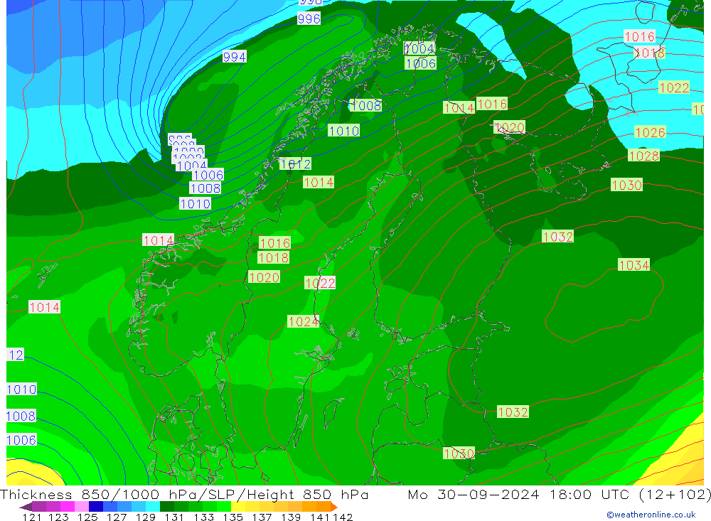 Espesor 850-1000 hPa GFS lun 30.09.2024 18 UTC