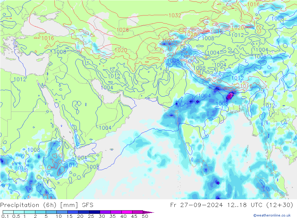 Precipitation (6h) GFS Fr 27.09.2024 18 UTC