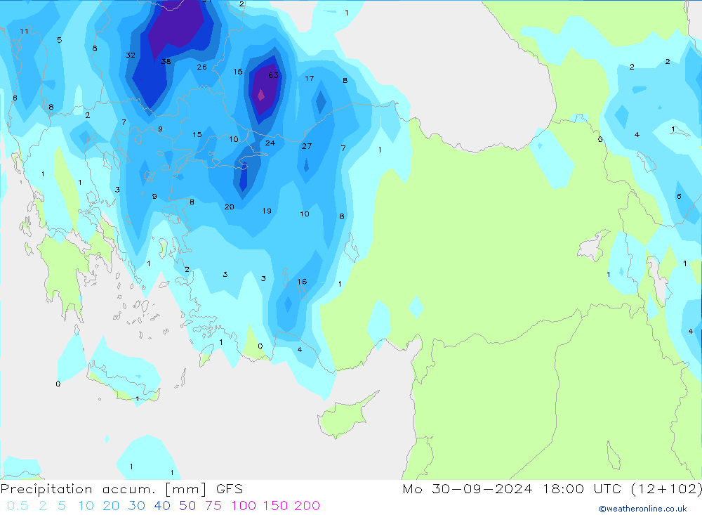 Precipitation accum. GFS Mo 30.09.2024 18 UTC