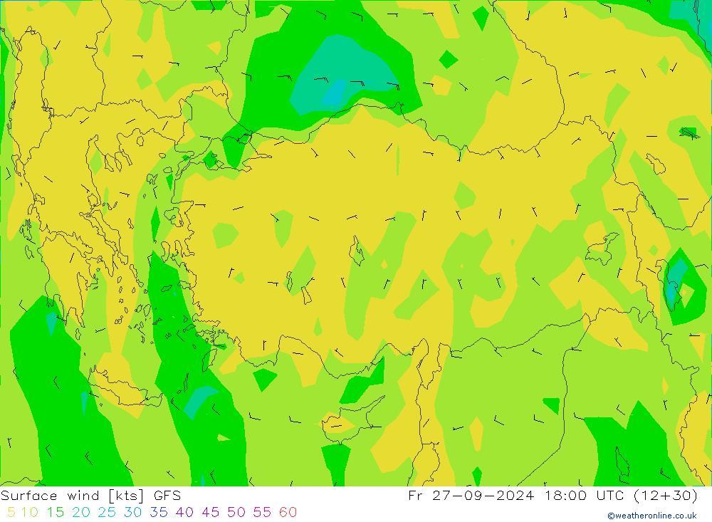 Vento 10 m GFS ven 27.09.2024 18 UTC