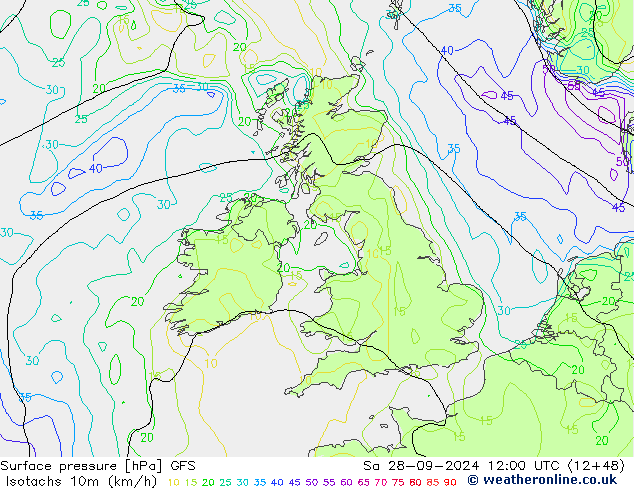 Isotaca (kph) GFS sáb 28.09.2024 12 UTC