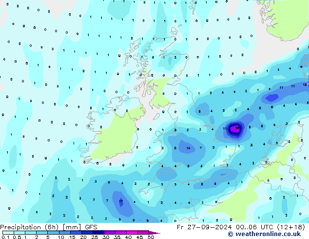 Precipitation (6h) GFS Fr 27.09.2024 06 UTC