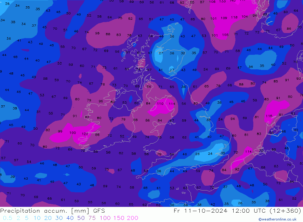 Precipitación acum. GFS vie 11.10.2024 12 UTC