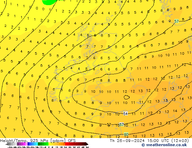 Height/Temp. 925 hPa GFS Čt 26.09.2024 15 UTC