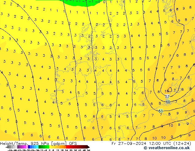 Height/Temp. 925 hPa GFS Fr 27.09.2024 12 UTC