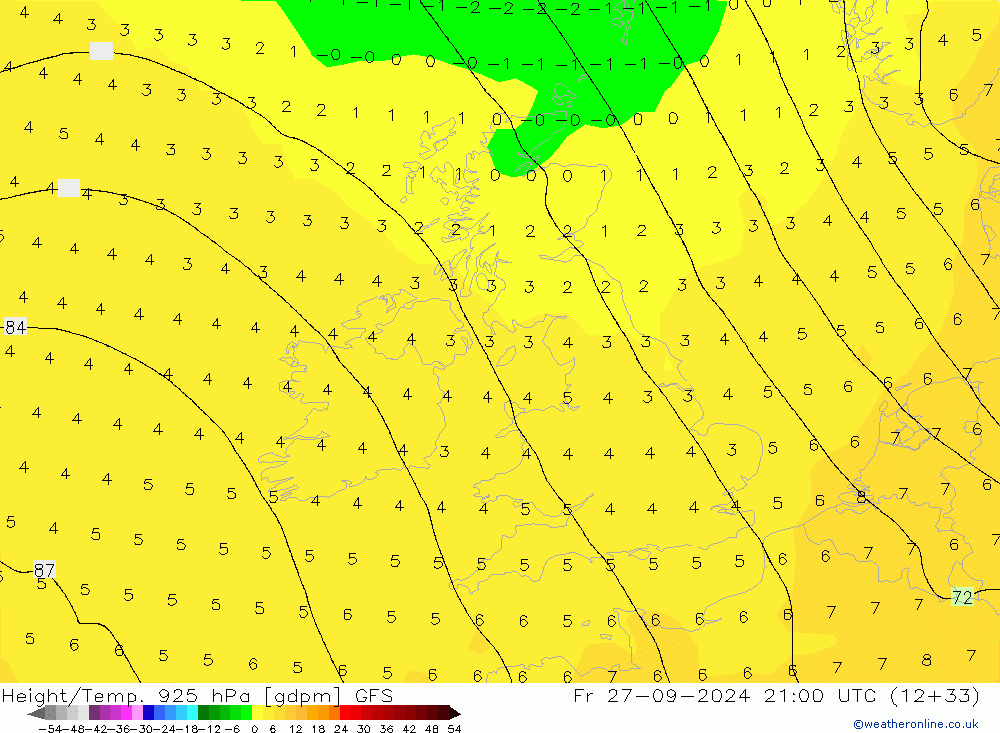 Height/Temp. 925 hPa GFS Pá 27.09.2024 21 UTC