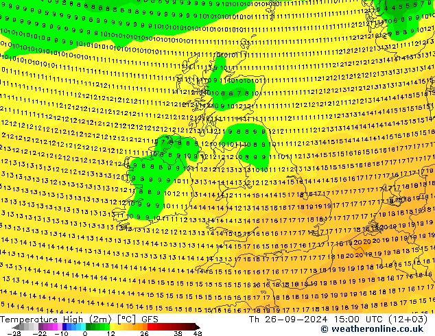 Max. Temperatura (2m) GFS czw. 26.09.2024 15 UTC