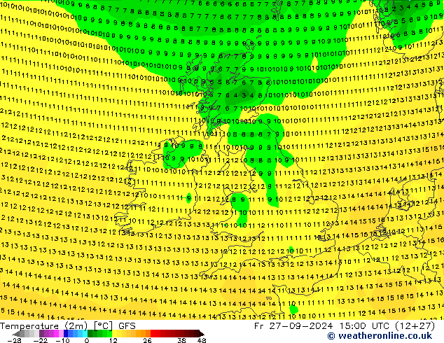 mapa temperatury (2m) GFS pt. 27.09.2024 15 UTC