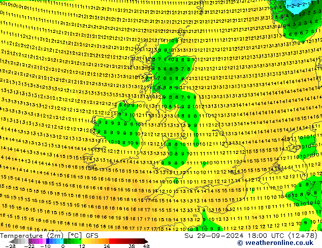 Temperature (2m) GFS Su 29.09.2024 18 UTC