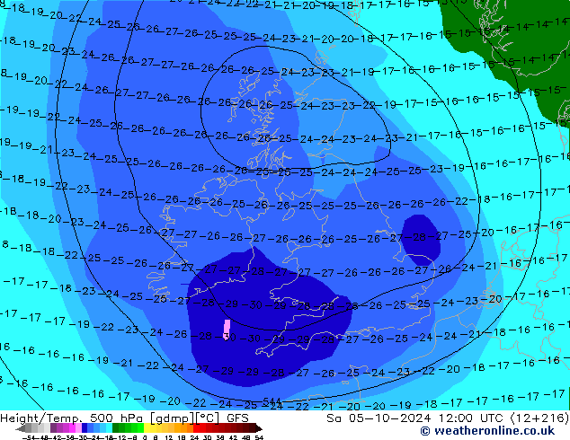 Z500/Rain (+SLP)/Z850 GFS sam 05.10.2024 12 UTC