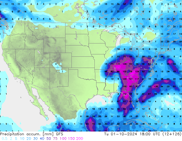 Precipitation accum. GFS Út 01.10.2024 18 UTC