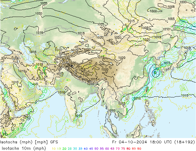 Isotachs (mph) GFS ven 04.10.2024 18 UTC