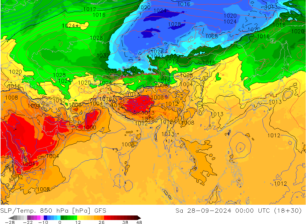 SLP/Temp. 850 hPa GFS za 28.09.2024 00 UTC