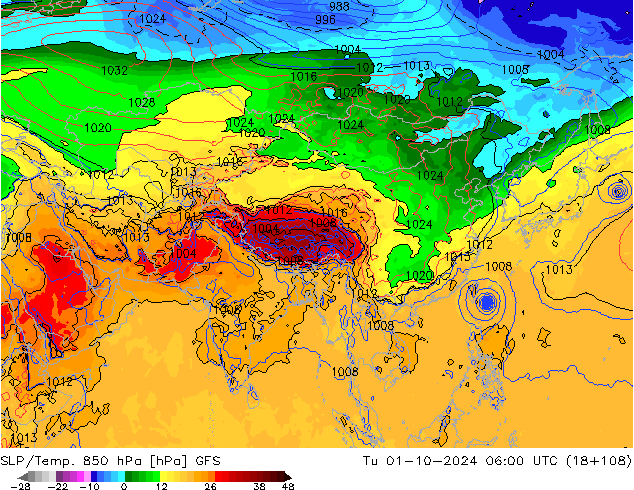 SLP/Temp. 850 hPa GFS Út 01.10.2024 06 UTC