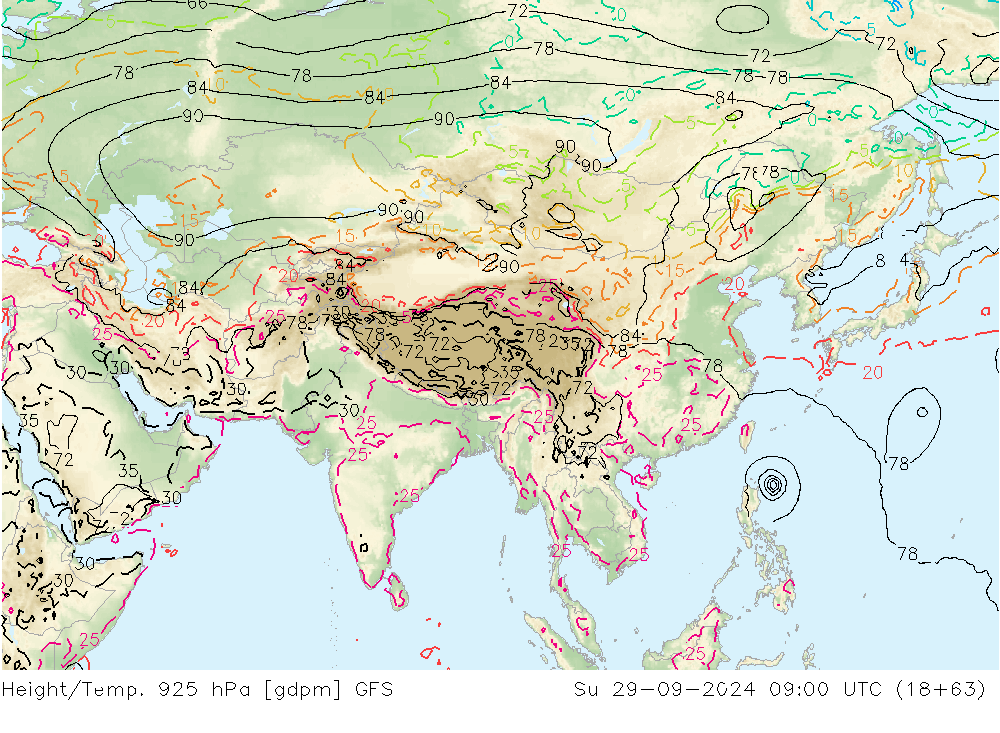 Height/Temp. 925 hPa GFS  29.09.2024 09 UTC