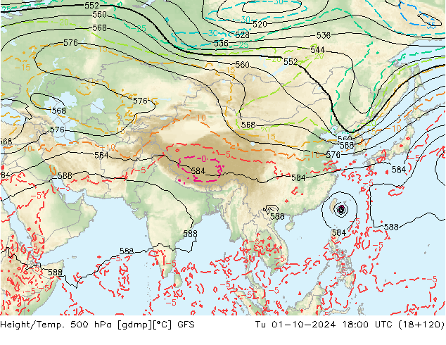 Z500/Yağmur (+YB)/Z850 GFS Sa 01.10.2024 18 UTC