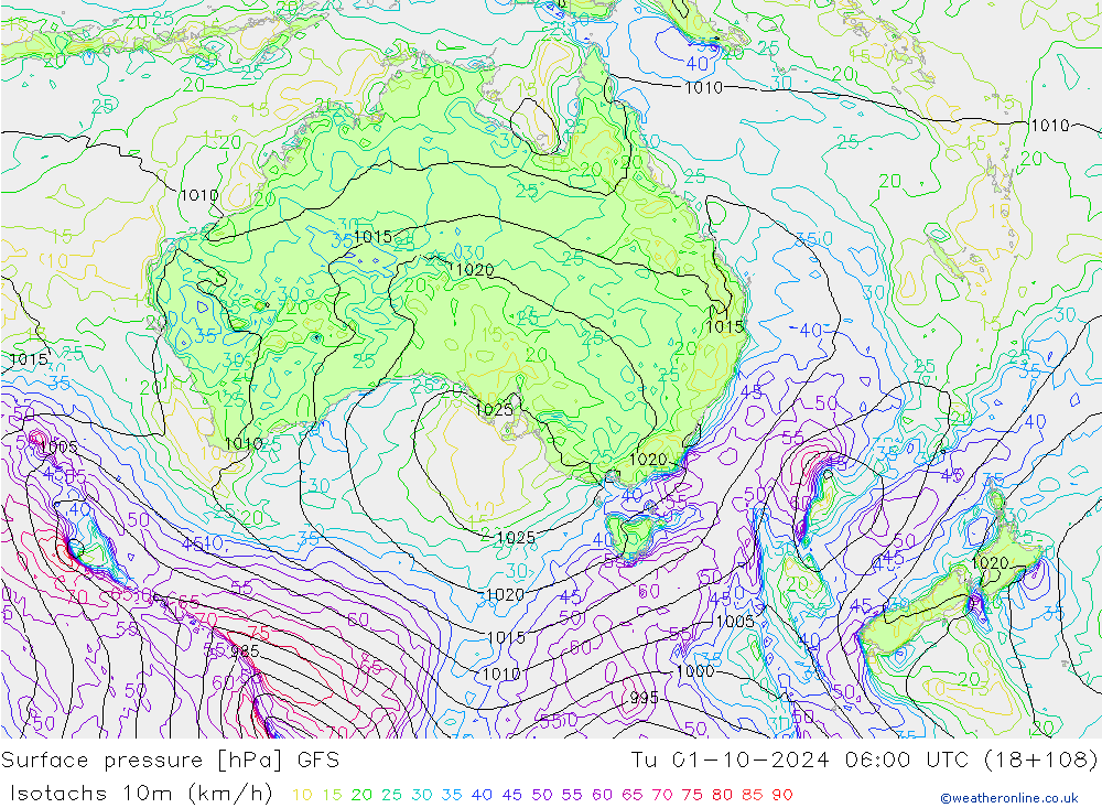 Isotachen (km/h) GFS di 01.10.2024 06 UTC