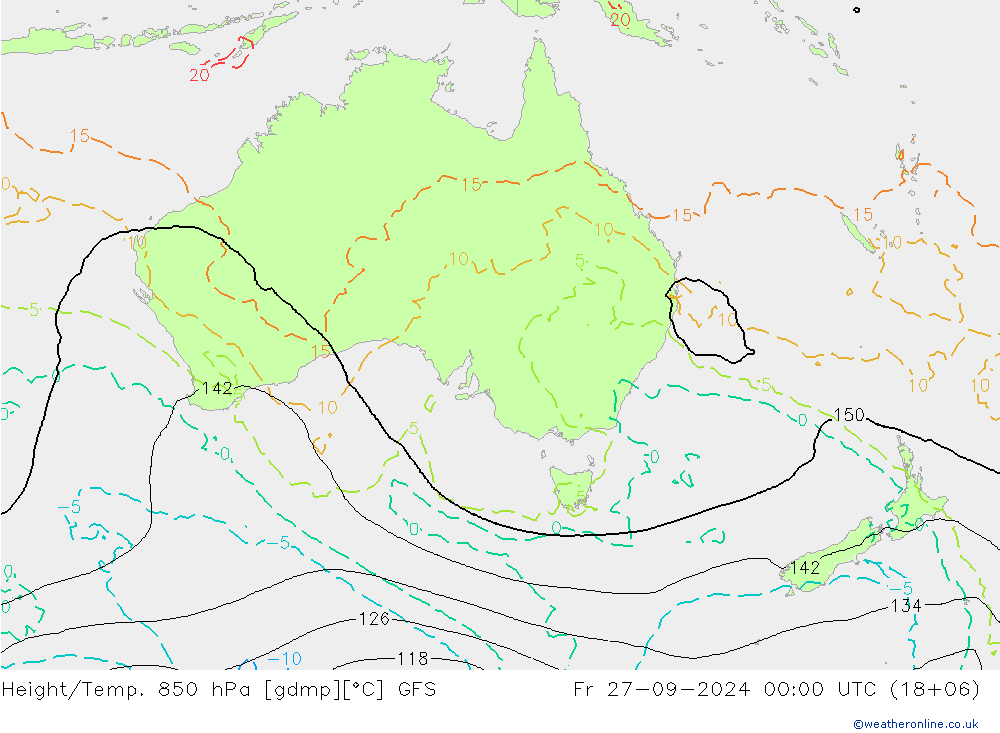 Hoogte/Temp. 850 hPa GFS vr 27.09.2024 00 UTC