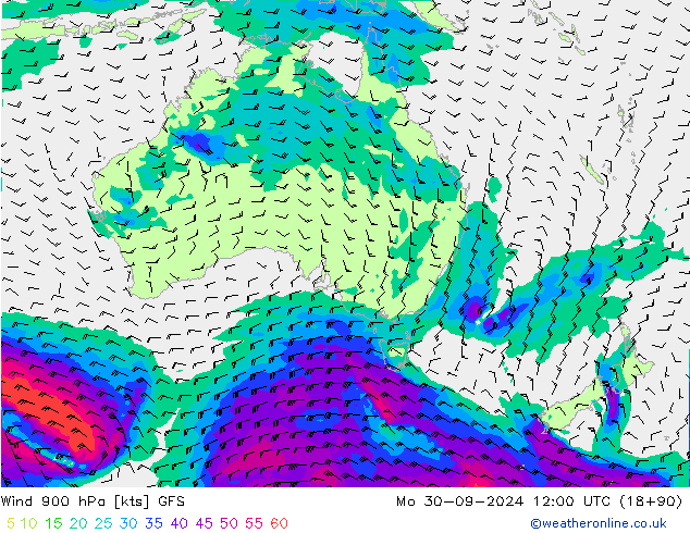 Vento 900 hPa GFS lun 30.09.2024 12 UTC