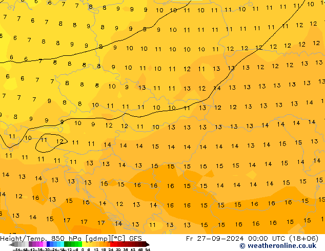 Geop./Temp. 850 hPa GFS vie 27.09.2024 00 UTC