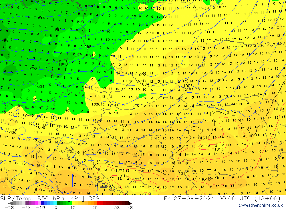 SLP/Temp. 850 hPa GFS vr 27.09.2024 00 UTC