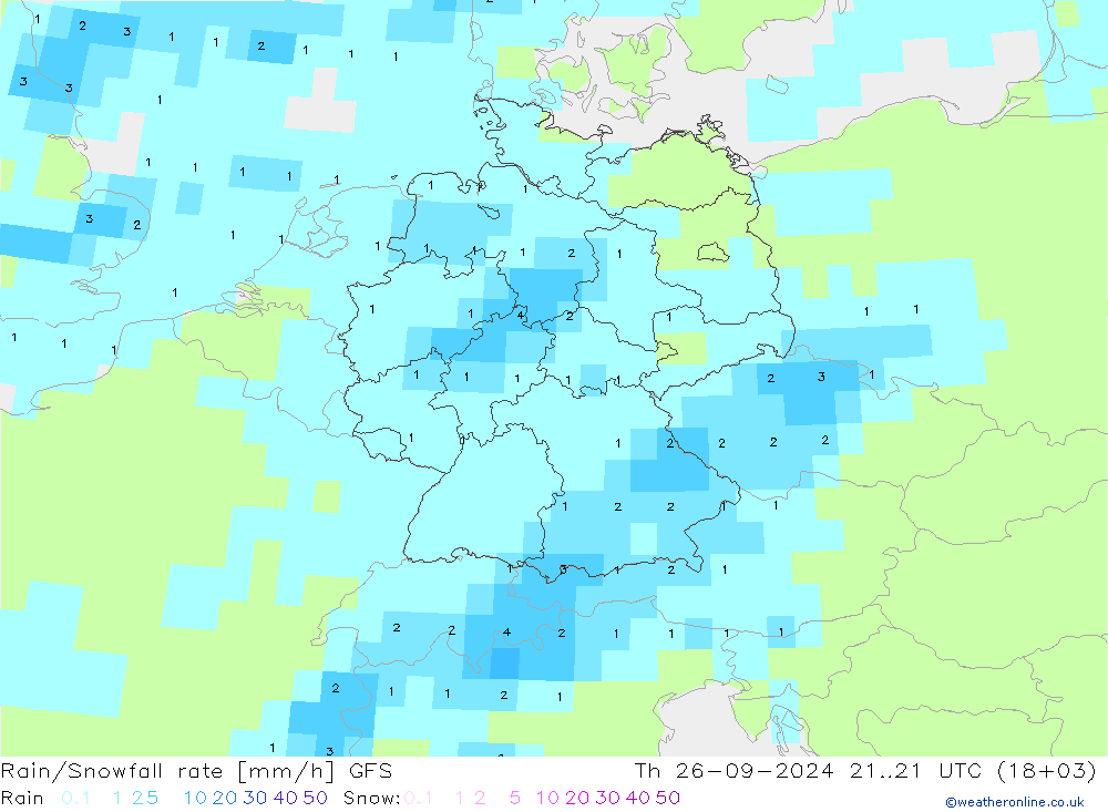 Rain/Snowfall rate GFS gio 26.09.2024 21 UTC