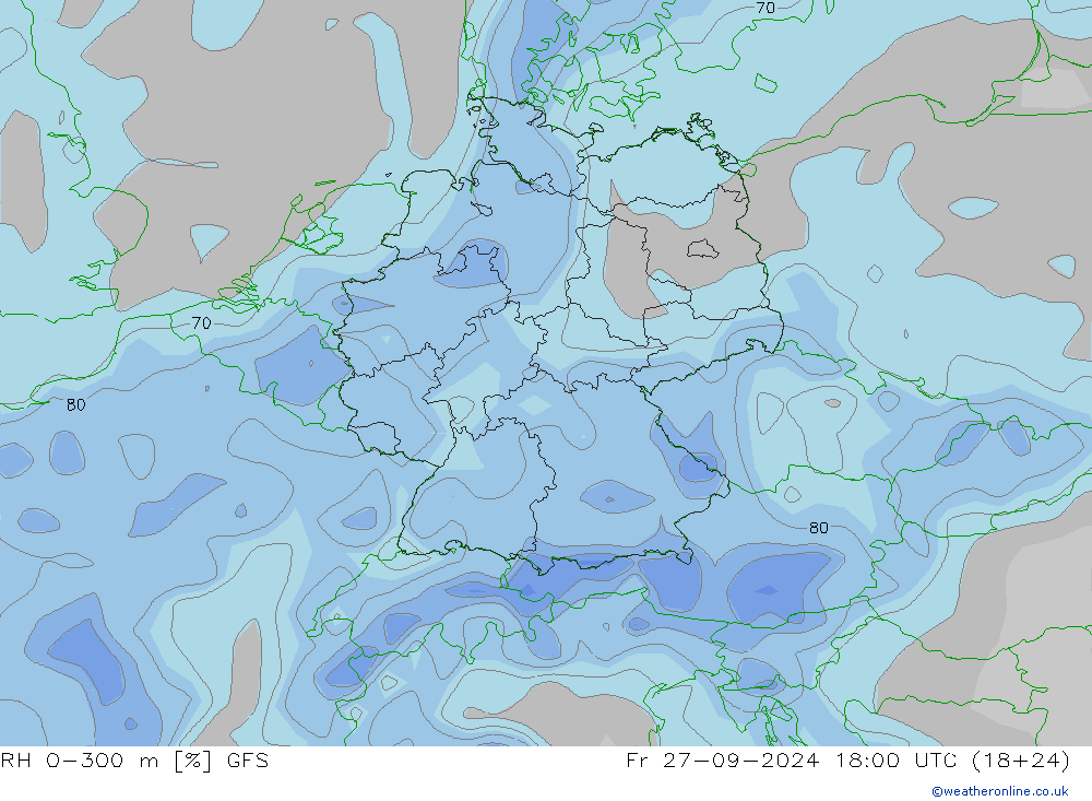 RH 0-300 m GFS  27.09.2024 18 UTC