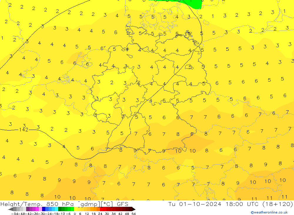 Z500/Rain (+SLP)/Z850 GFS wto. 01.10.2024 18 UTC