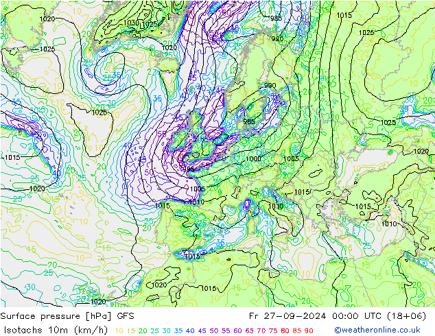 Isotachs (kph) GFS Pá 27.09.2024 00 UTC