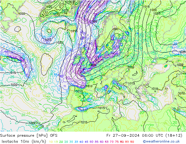 Isotachs (kph) GFS Sex 27.09.2024 06 UTC