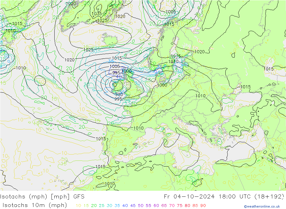 Isotachs (mph) GFS Fr 04.10.2024 18 UTC