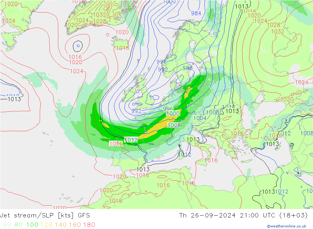 Prąd strumieniowy GFS czw. 26.09.2024 21 UTC