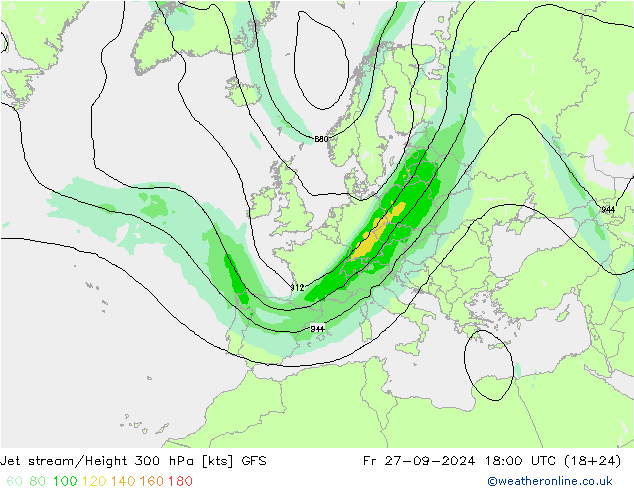 Corriente en chorro GFS vie 27.09.2024 18 UTC