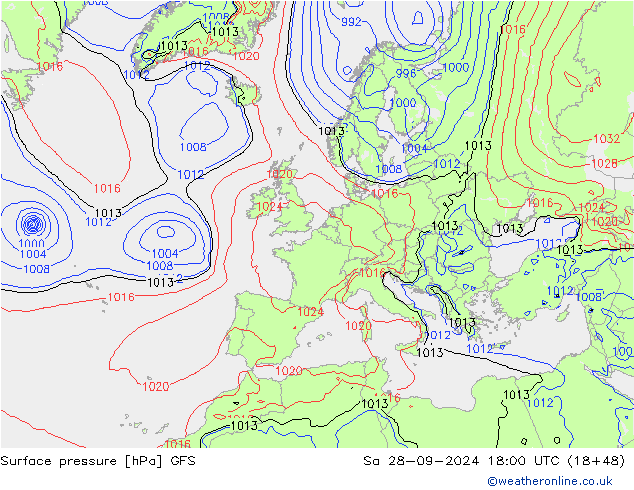 Surface pressure GFS Sa 28.09.2024 18 UTC