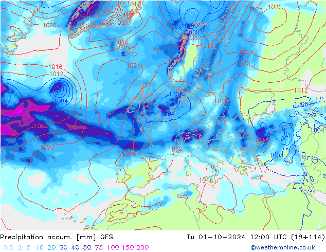 Totale neerslag GFS di 01.10.2024 12 UTC