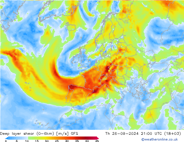 Deep layer shear (0-6km) GFS Th 26.09.2024 21 UTC