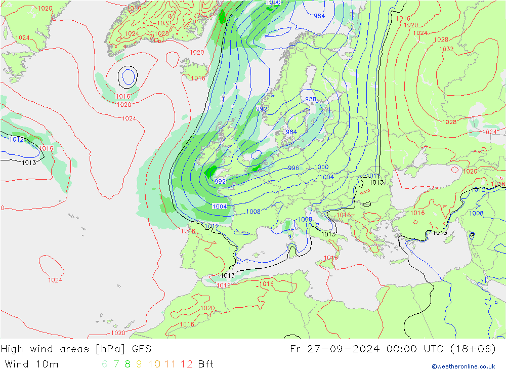 High wind areas GFS Sex 27.09.2024 00 UTC