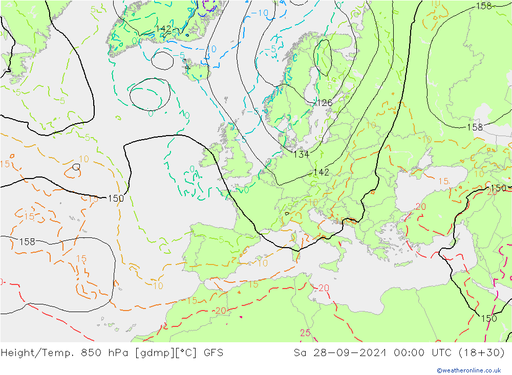 Height/Temp. 850 hPa GFS Sa 28.09.2024 00 UTC