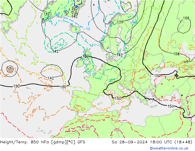 Height/Temp. 850 hPa GFS Sa 28.09.2024 18 UTC