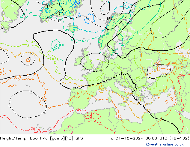 Géop./Temp. 850 hPa GFS mar 01.10.2024 00 UTC