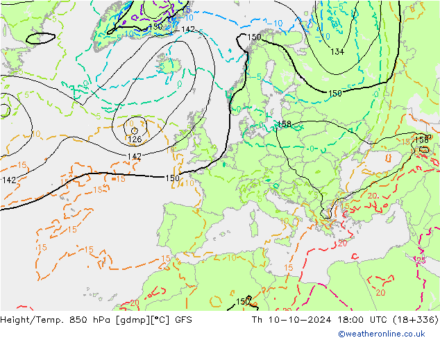 Height/Temp. 850 hPa GFS czw. 10.10.2024 18 UTC